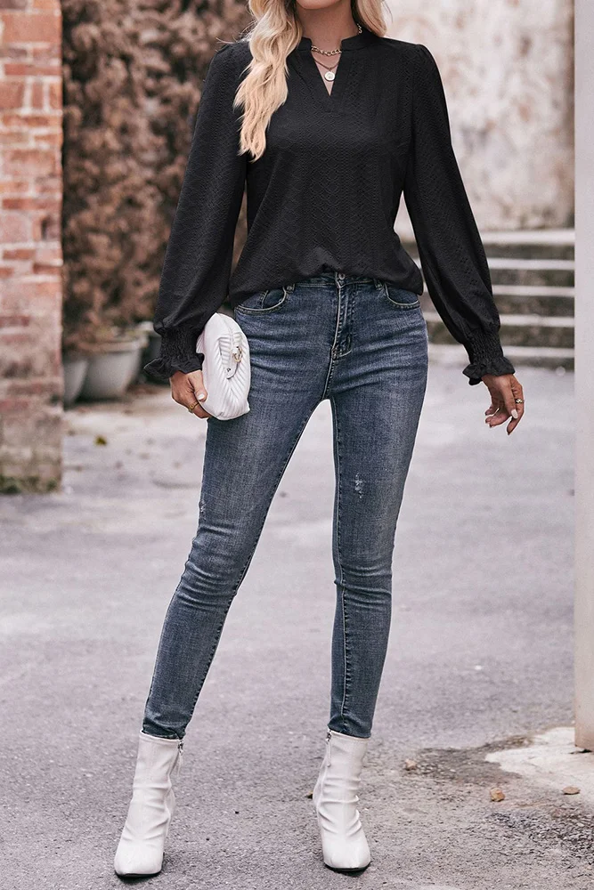 Plain Eyelet Pattern V Neck Puff Blouse