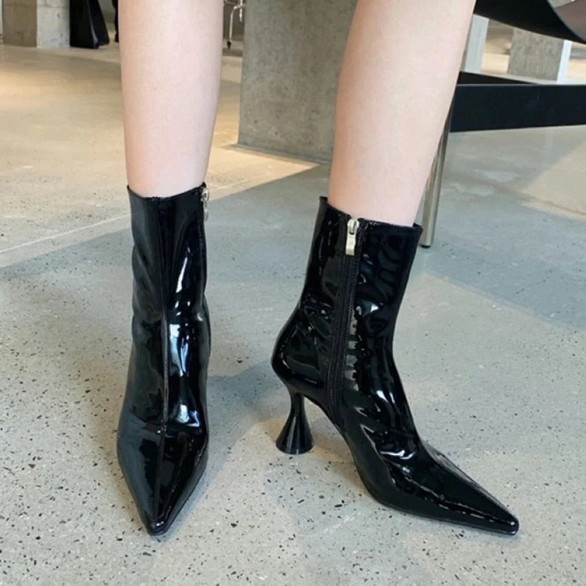 Peneran Winter Fashion Women Boots Ladies Thin High Heel Pointed Toe Zipper Ankle Boots Patent Leather Female Short Boots