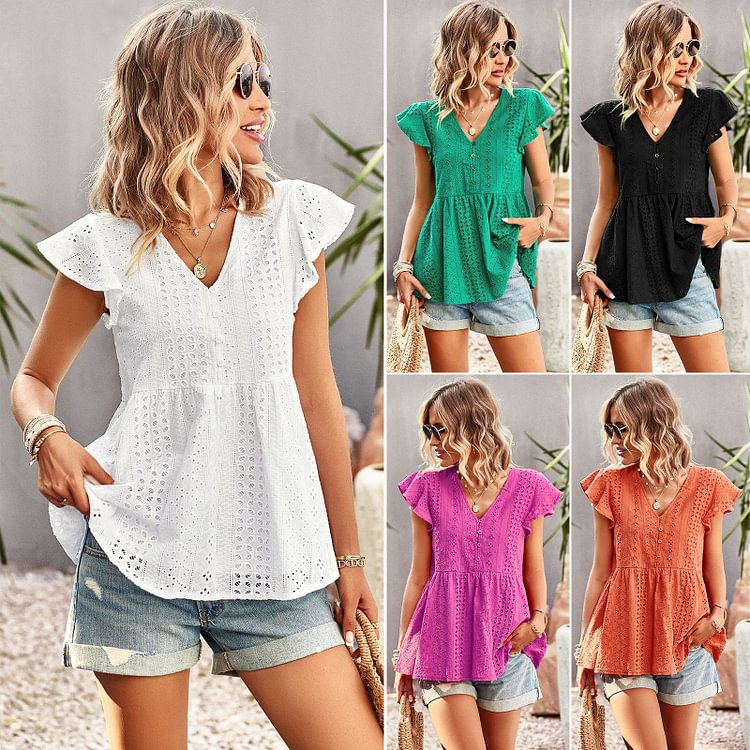 Solid Color Hollow V-neck Top