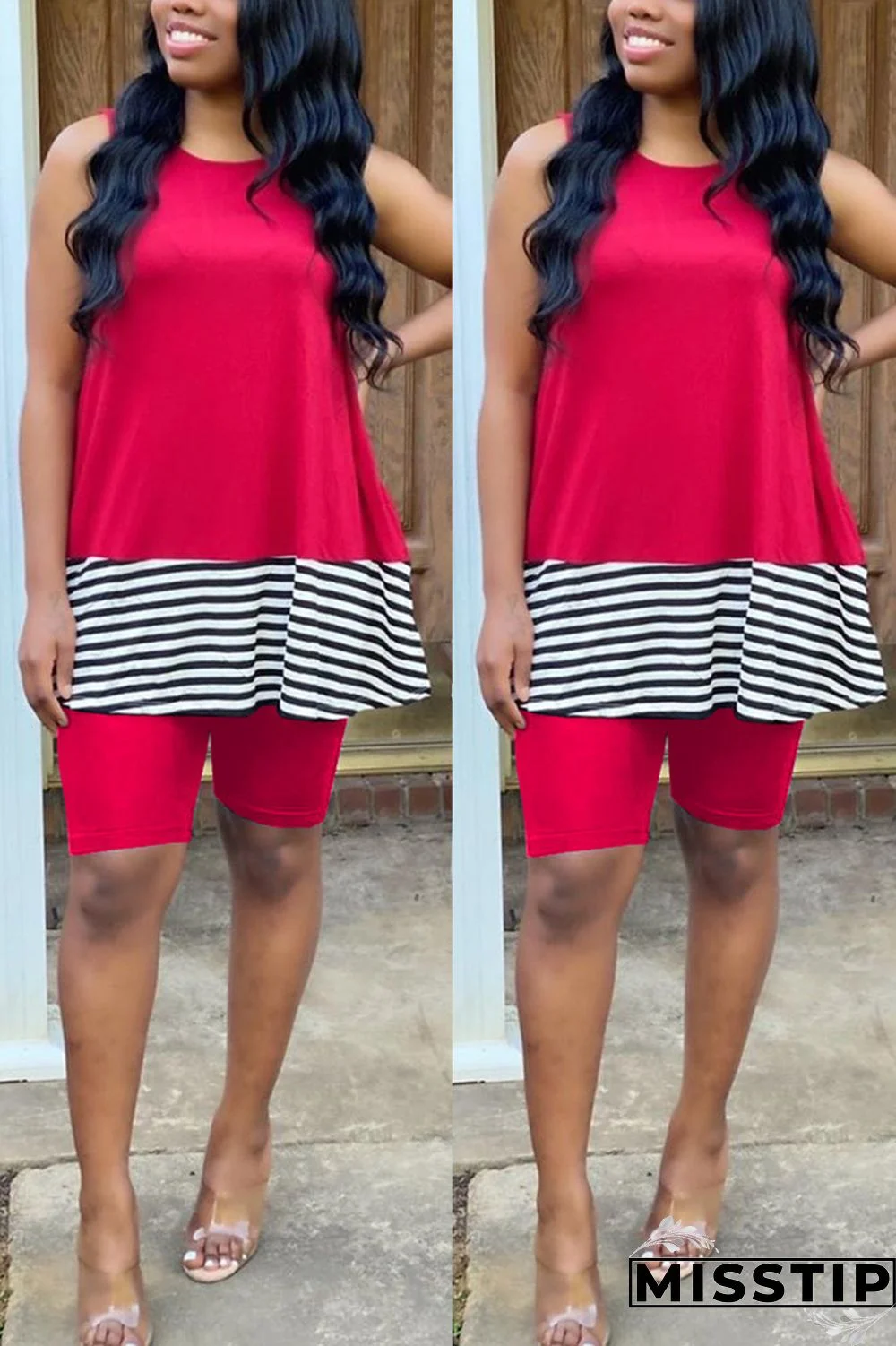 Red Fashion Striped Patchwork Sleeveless Top Pants Set