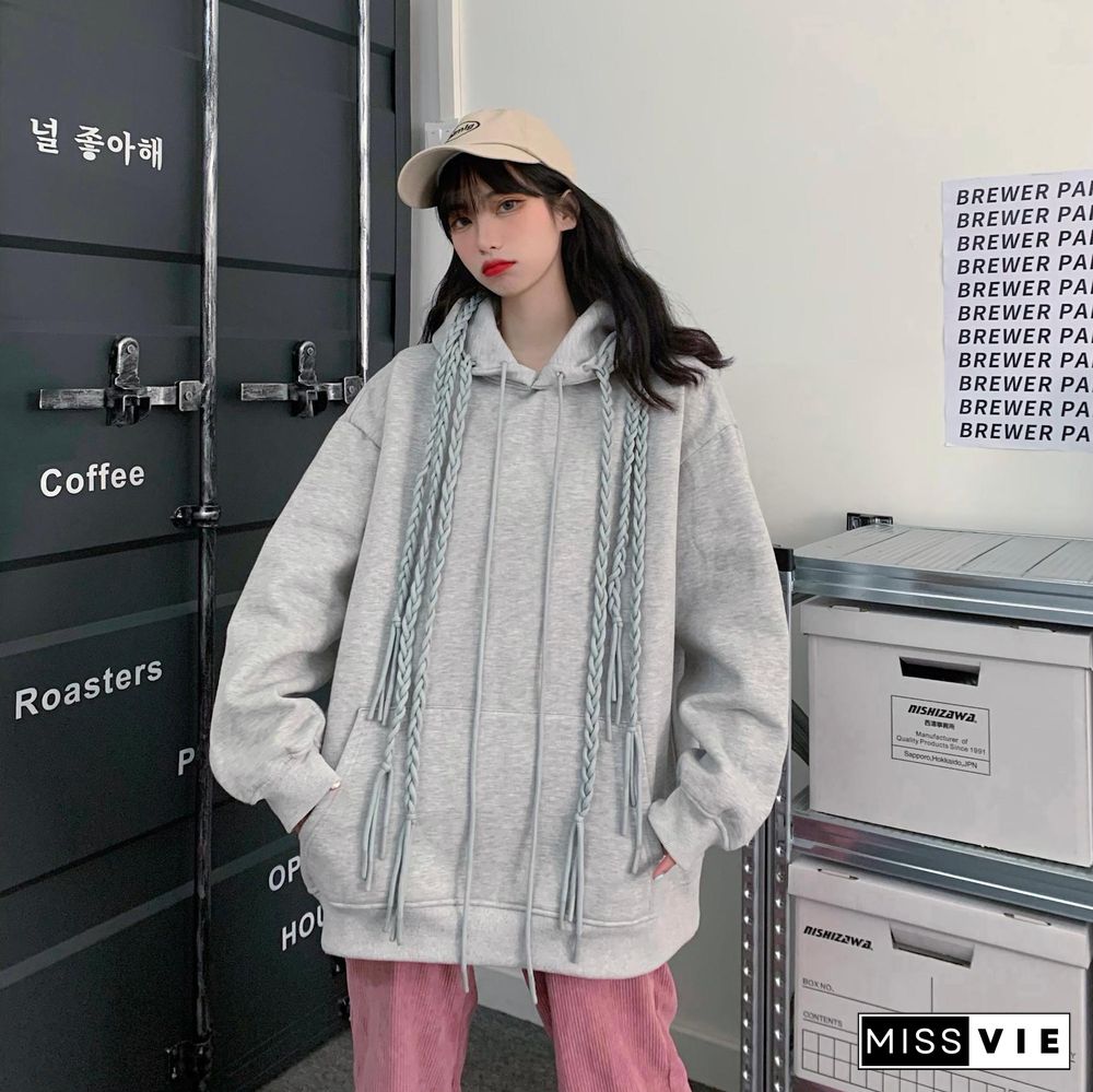 Fashion Women Sweatshirts Japanese Style Gray Casual Long Sleeve Loose Hooded Hoodies Spring Autumn Girls Lace Up Clothes