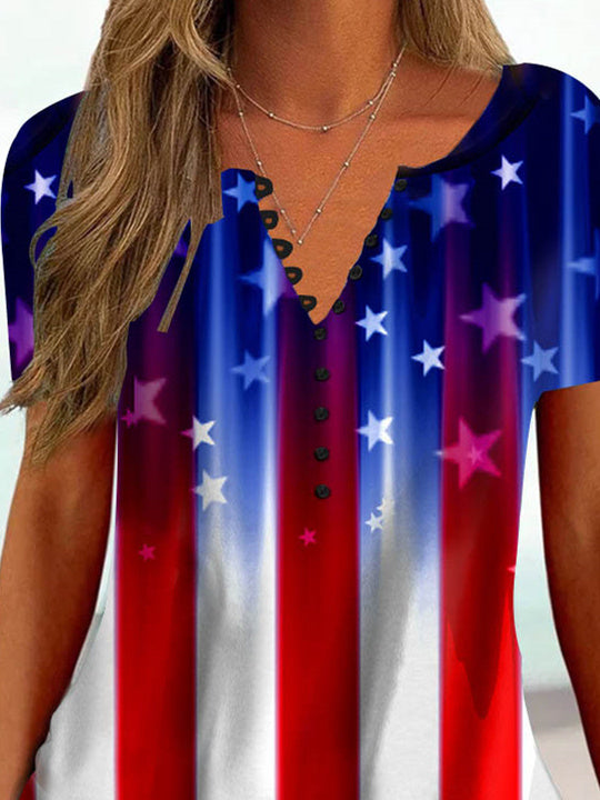 Women Short Sleeve V-neck Striped Printed Colorblock Button Tops