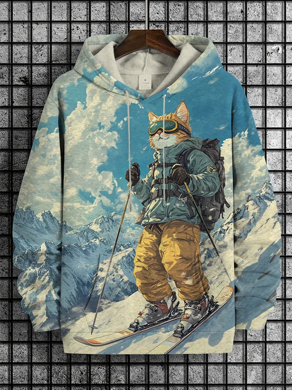 Men's Brave Cat Ski Enthusiasts Print Hooded Sweatshirt