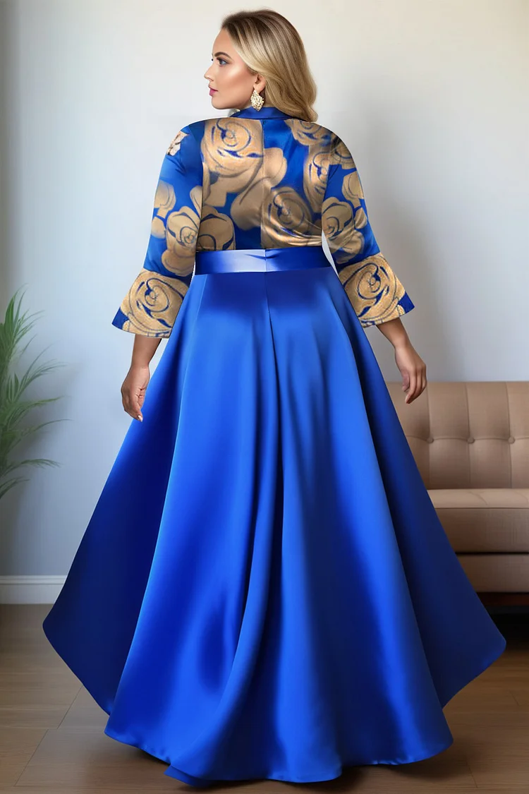Xpluswear Design Plus Size Formal Royal Blue Floral Turndown Collar Flare 3/4 Sleeve Detachable Overskirt Ruffle Satin Midi Dresses