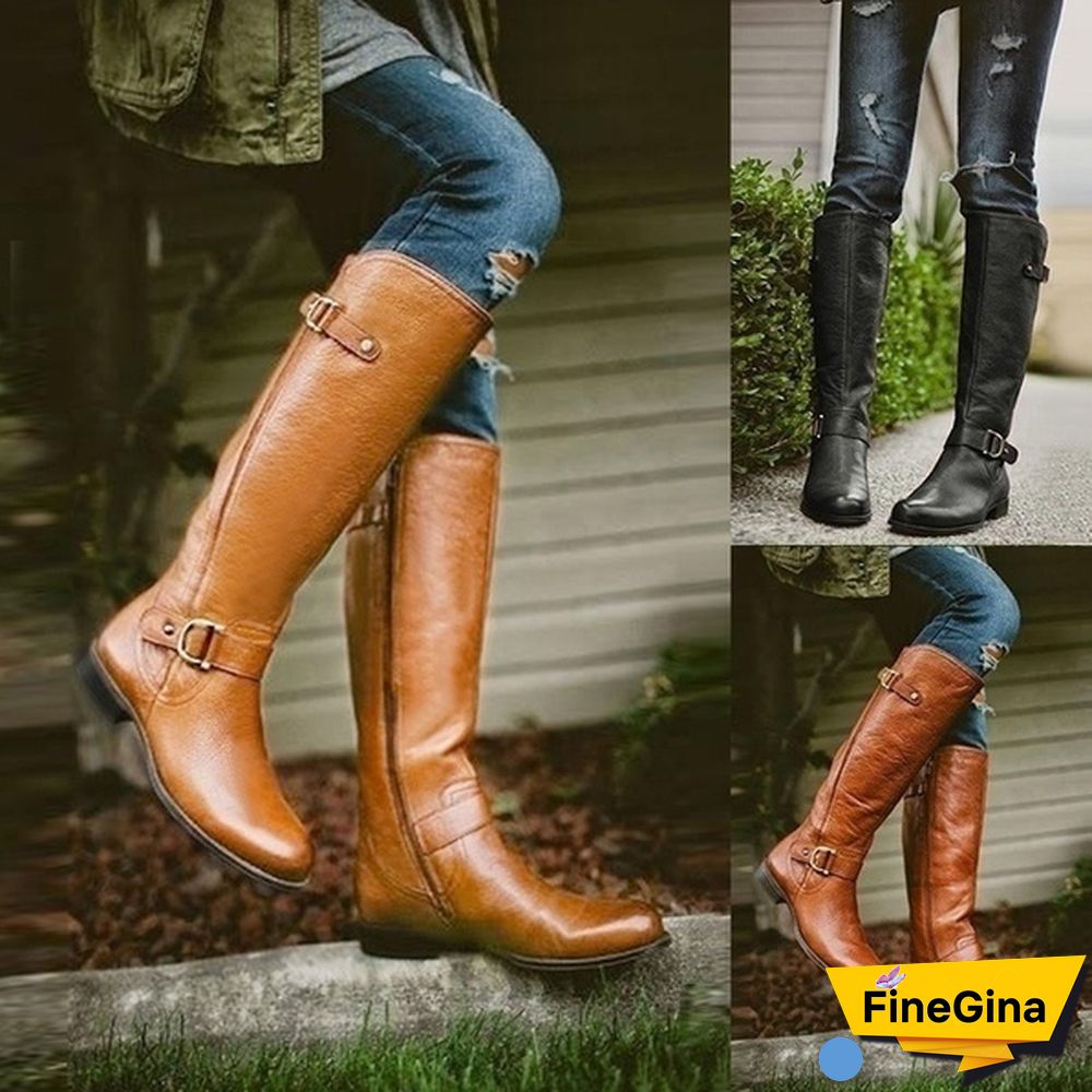 New Fashion Women Shoes Plus Size 34-43 Bottes Femmes Botas Mujer Kvinnoskor Cowgirls Military Combat Buckle Knee High Boots Genuine Leather Low Heel Women Knight Boots