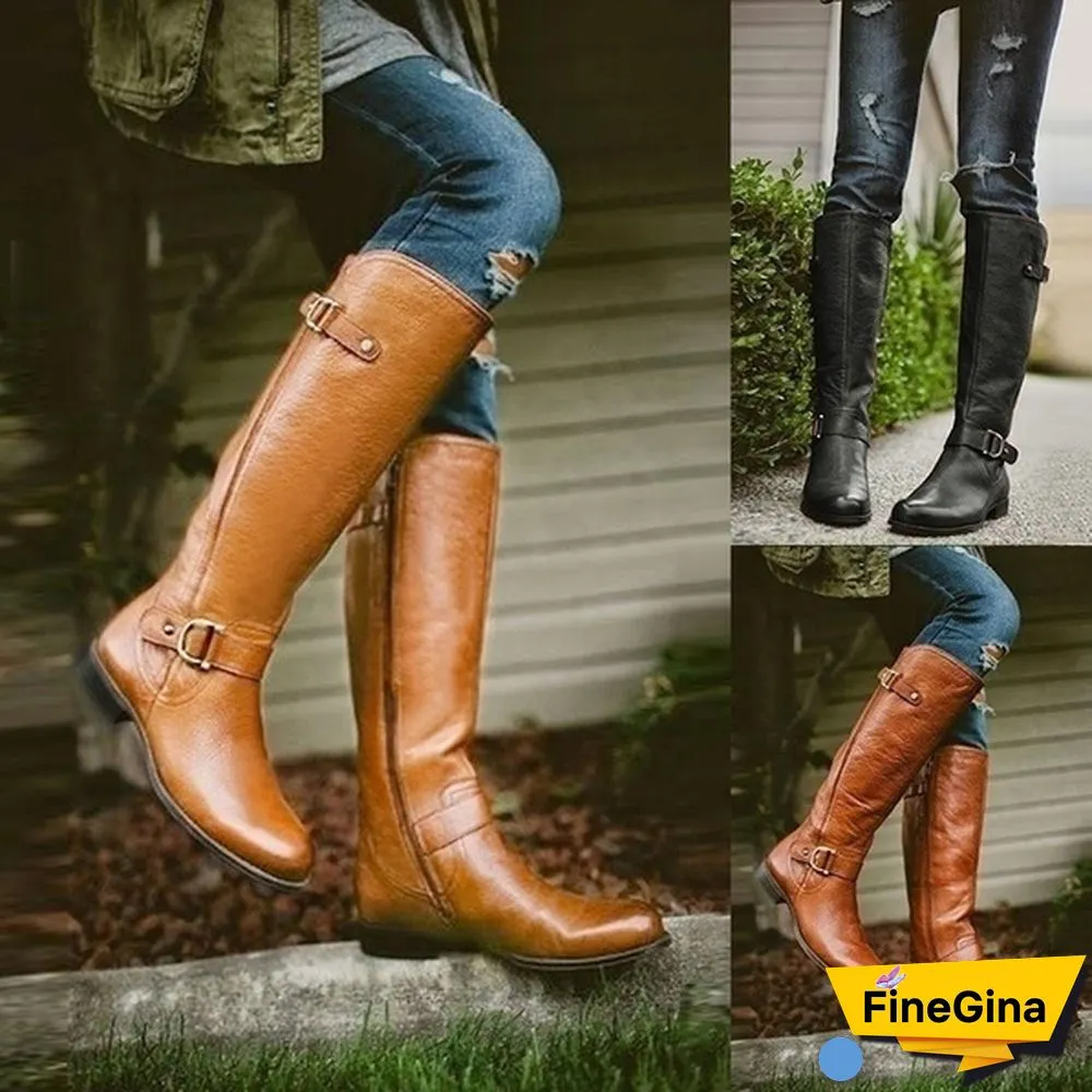 New Fashion Women Shoes Plus Size 34-43 Bottes Femmes Botas Mujer Kvinnoskor Cowgirls Military Combat Buckle Knee High Boots Genuine Leather Low Heel Women Knight Boots