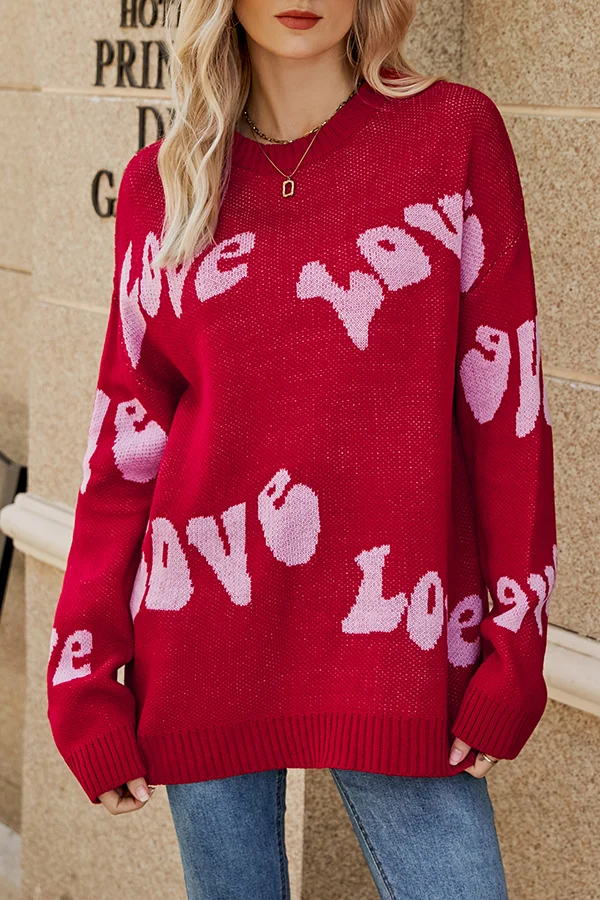 Love Monogram Crew Neck Contrasting Knitted Long Sleeve Pullover Sweater