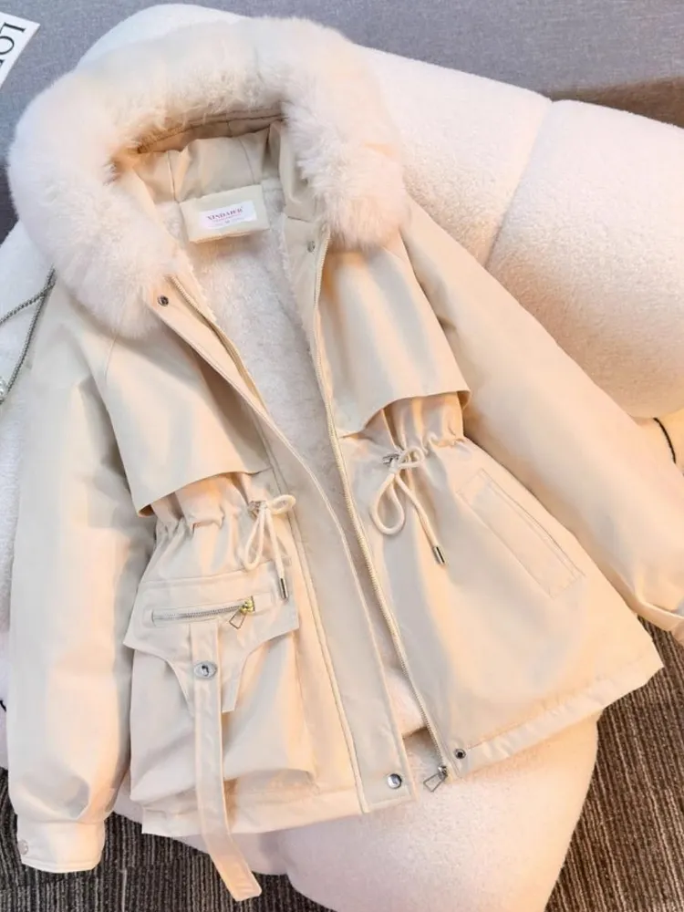 Parka With Fur Collar Drawstring Waist Pocket Casual Cotton-padded Jackets/down Jackets