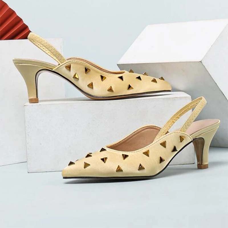 GOOSHOE Yellow Riveted Slingback Kitten Heel Pumps