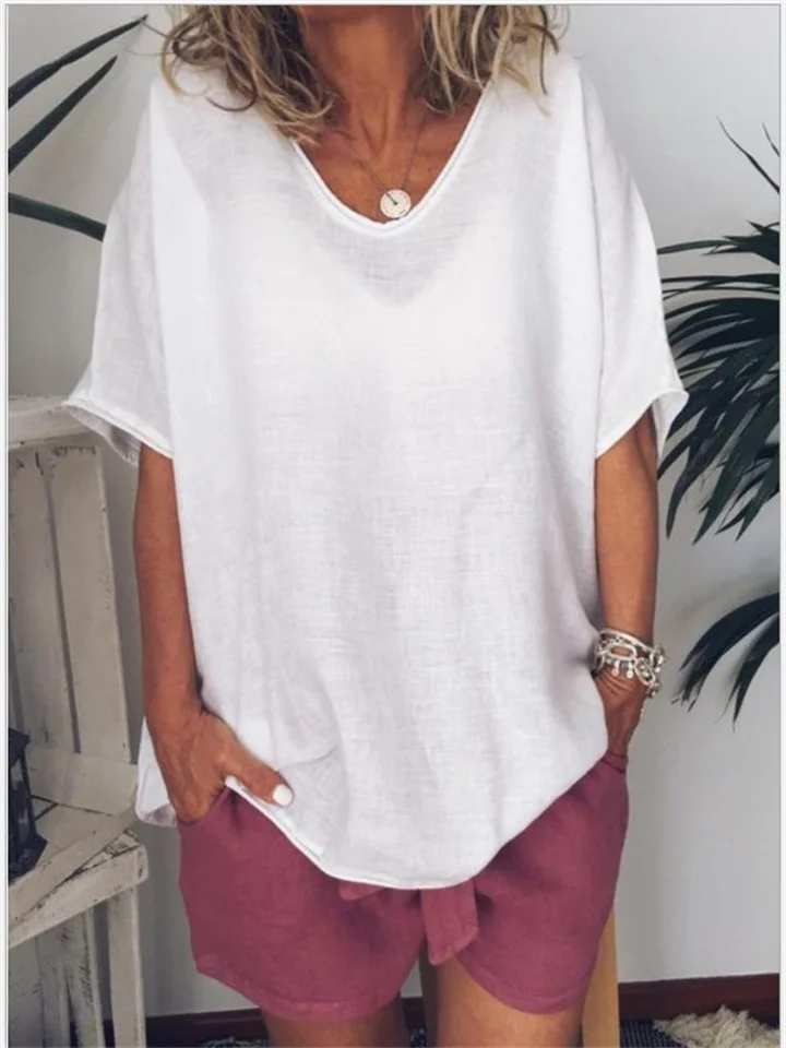 Women's New Summer Solid Color Loose-fitting Short-sleeve Casual Cotton-linen Blend T-shirt-JRSEE