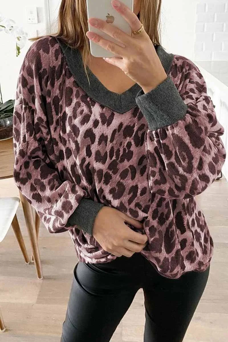 V-neck Long Sleeve Leopard Print Pullover Tops