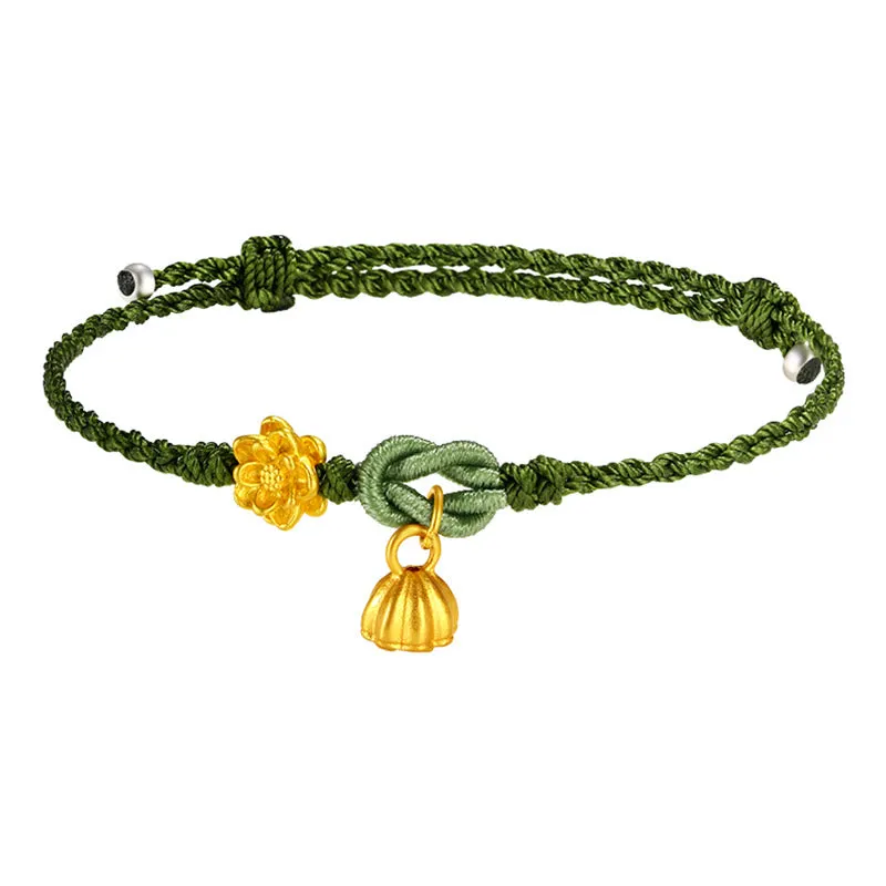 Handmade 999 Gold Lotus Flower Pod New Beginning Braid String Bracelet