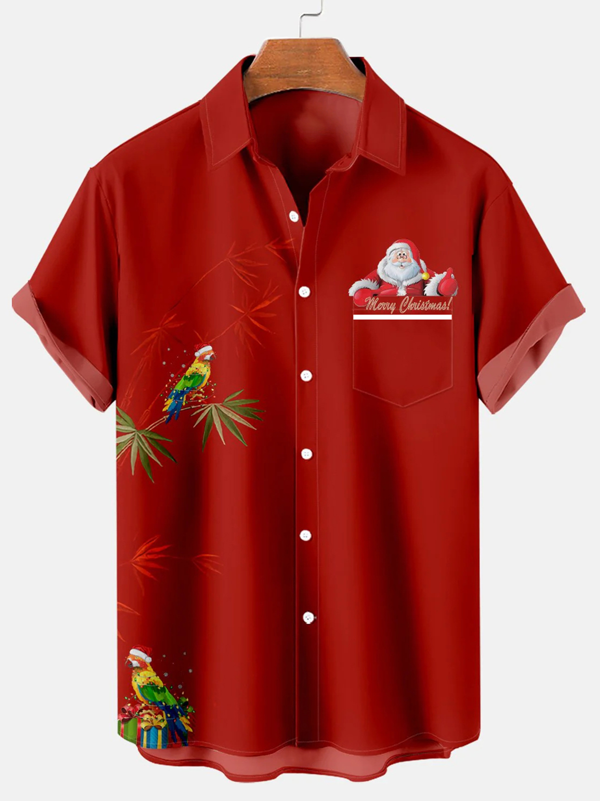 Christmas Bamboo Parrot Santa Claus Print Pocket Short Sleeve Shirt PLUSCLOTHESMAN