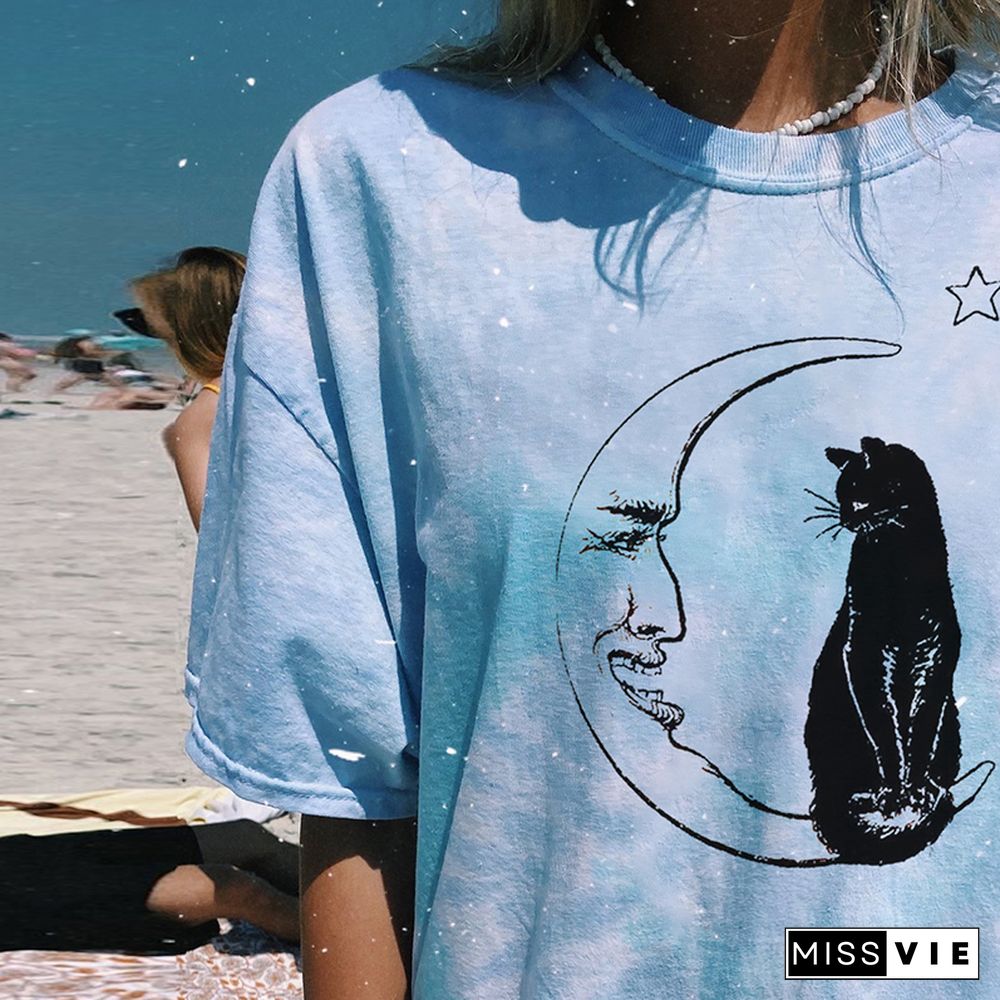 Casual Fashion Short Sleeve Tie Dye Print Crew Neck Top