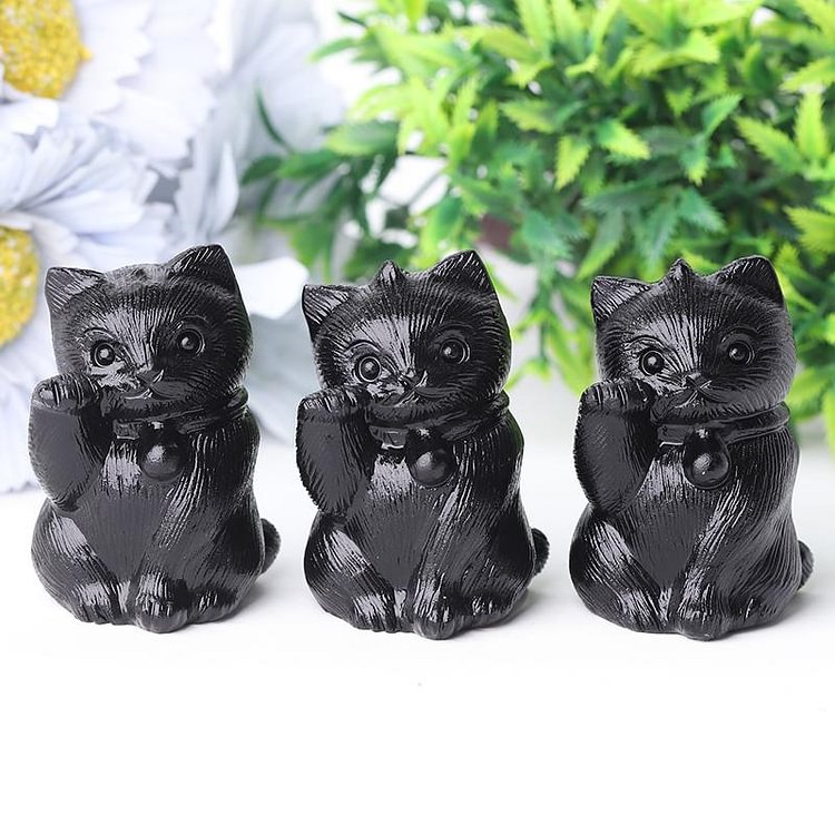 2" Black Obsidian Cute Cat Crystal Carvings  for Halloween Animal Bulk