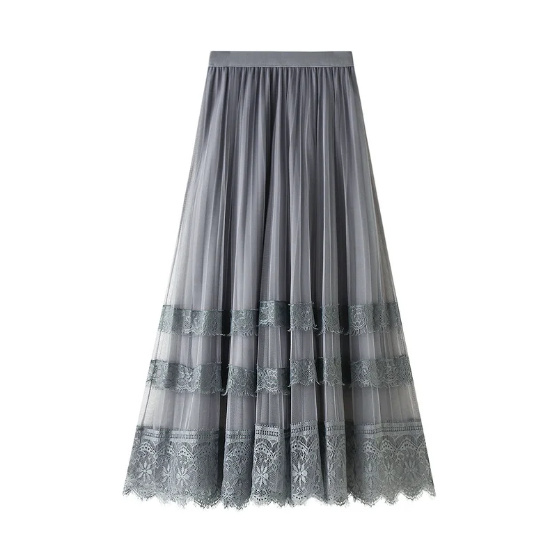 Nigikala Nigikala Skirt 2025 Spring Korean Version Of The New High-Waisted Lace Splicing Mesh Dress Female Hundred Folded Skirt A-Word Long Dress 8585