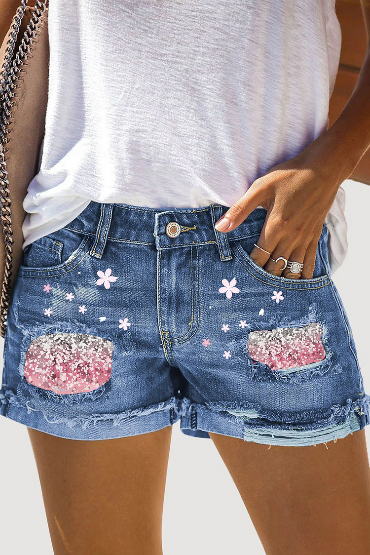 Pink Cherry Blossom Ripped Denim Shorts