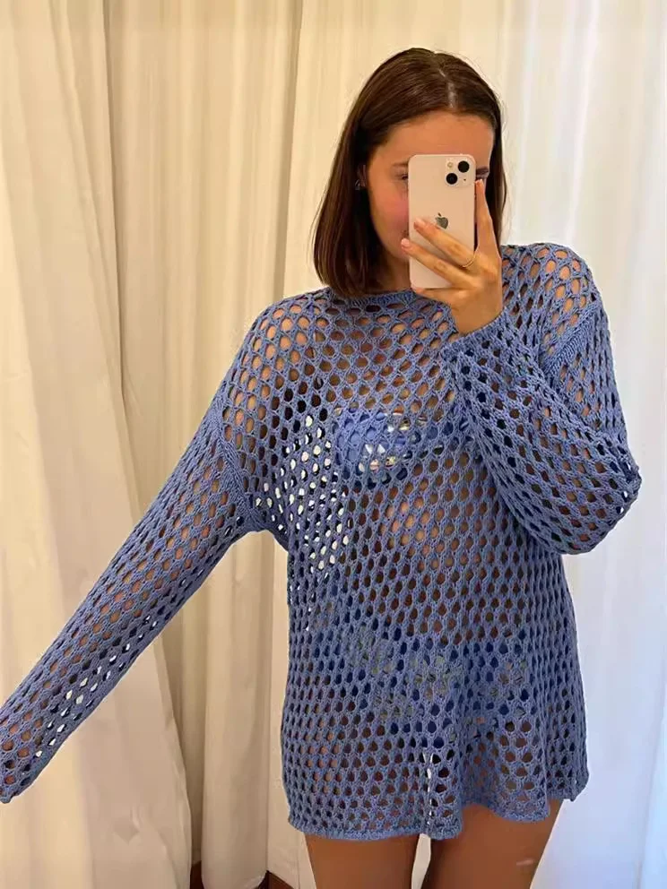 Uveng Uveng Hollow Beach Knitted Shirt Summer Seaside Vacation Long-Sleeved Sunscreen Cover