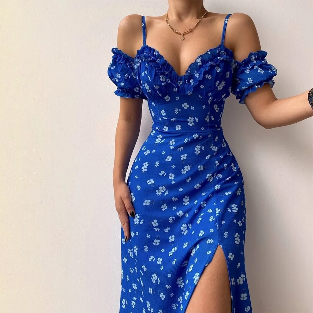 Jangj Sleeve Chic and Elegant Midi Dress for Women Backless Split Printed fashion long Corset Off Shoulder Dresses Female 2022