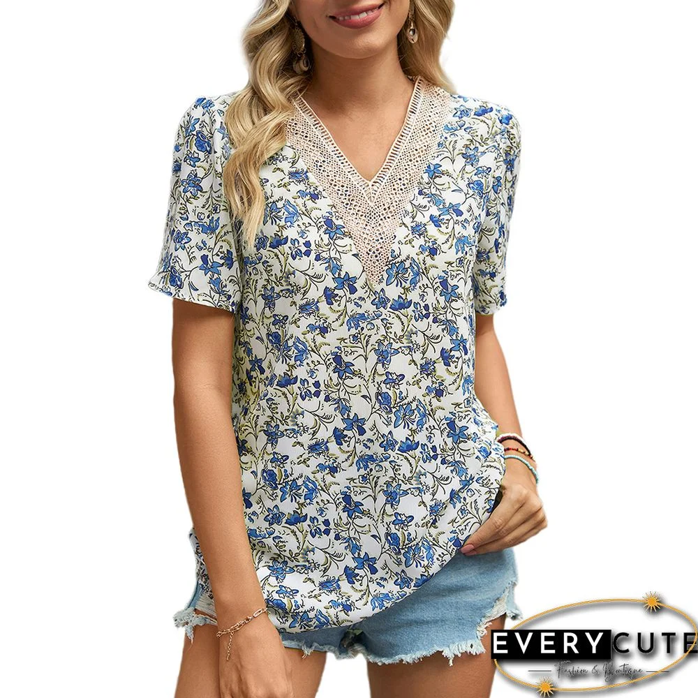 Blue V Neck Floral Chiffon Short Sleeve Tees