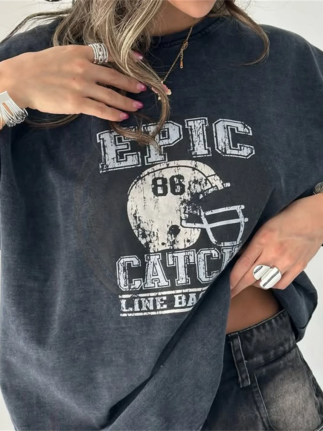 Athvotar Athvotar Street Trend Fashion To Do Old Washing Printing T-Shirt With Seven-Sleeve Top Loose Oversize Women