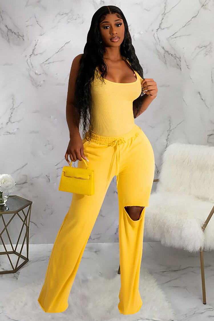 Round Neck Tank Top Cut Out Drawstring Wide Leg Pants Matching Set