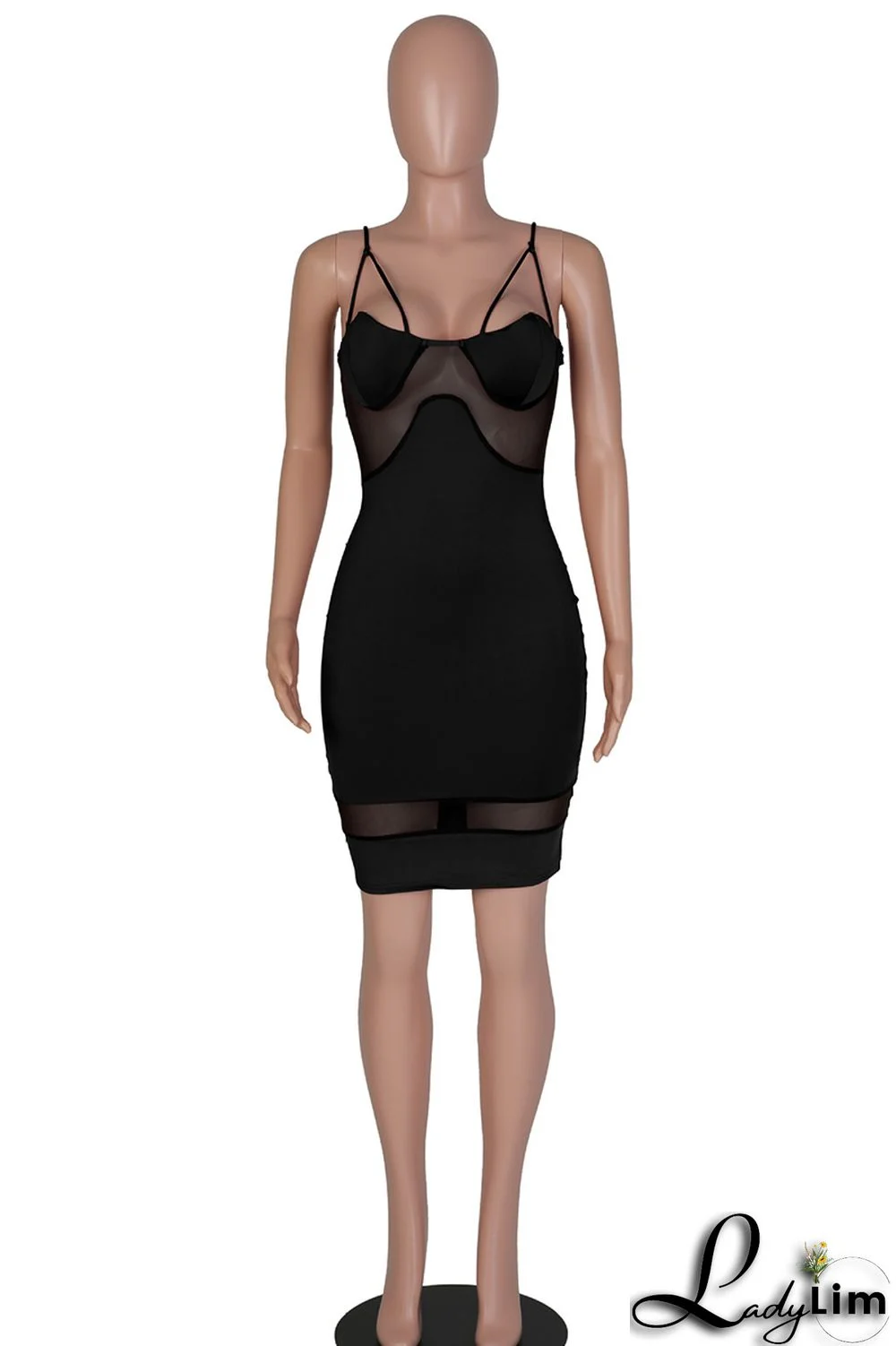 Black Fashion Sexy Solid Split Joint Backless Spaghetti Strap Sleeveless Dress