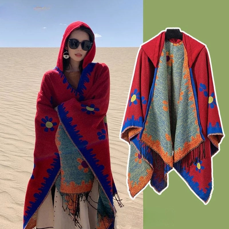 Ethnic Style Hooded Cape Women’s Yunnan Tibet Western Sichuan Grassland Bohemia Travel Wear Scarf Coat