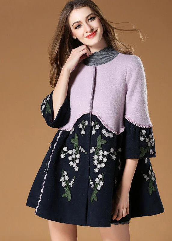 Plus Size Colorblock O-Neck Embroideried Patchwork Woolen Trench Spring