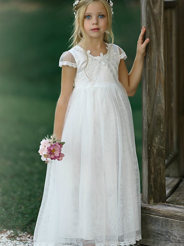 Bellasprom Sleeveless Jewel Neck A-Line Flower Girl Dress Long Lace With Bow Solid Bellasprom