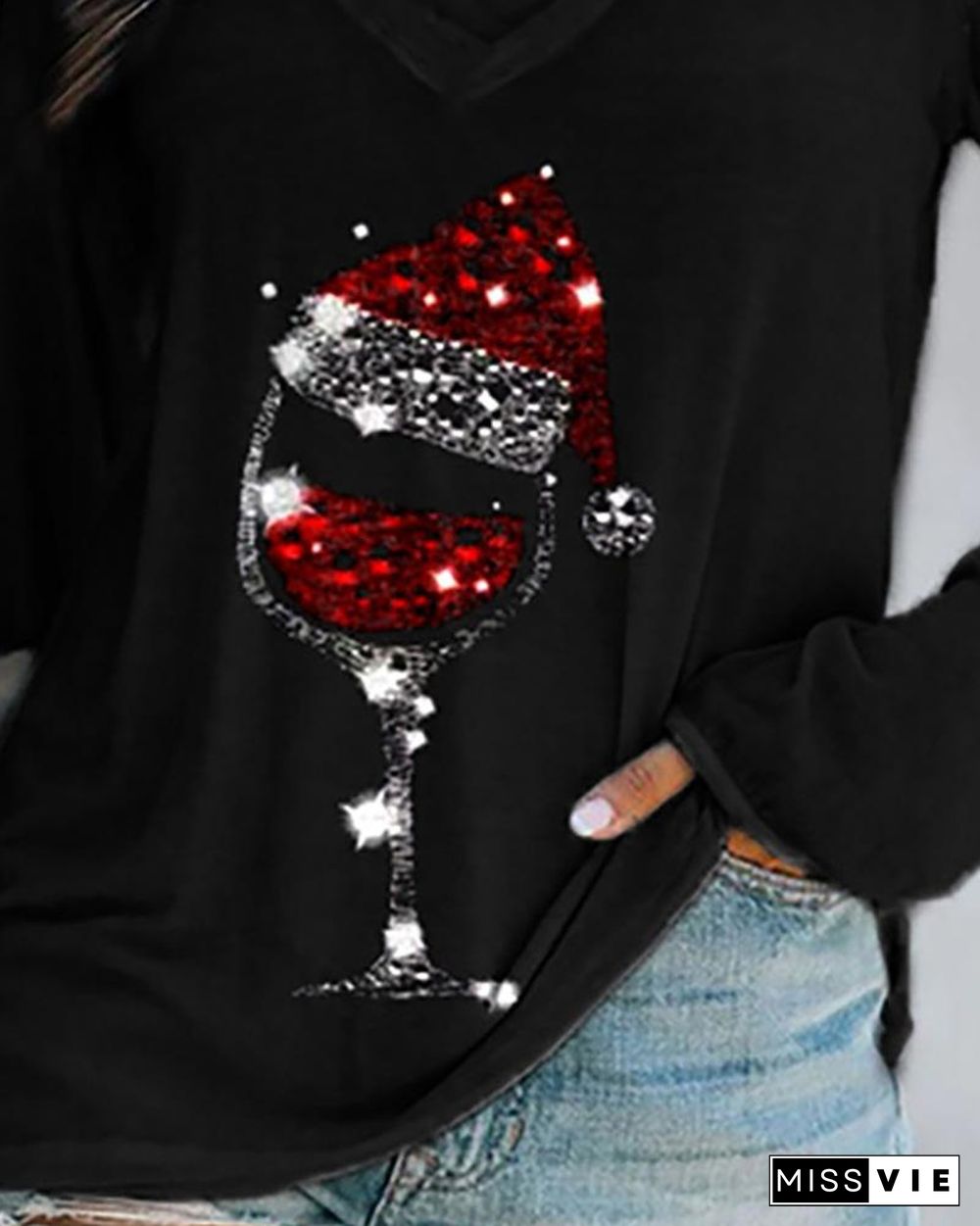 Christmas Wine Glass Print Casual Sweatshirt