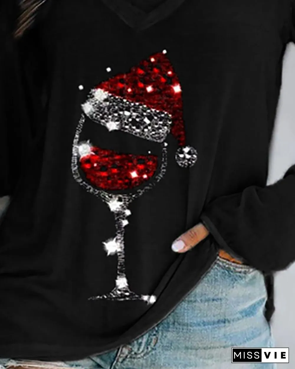 Christmas Wine Glass Print Casual Sweatshirt
