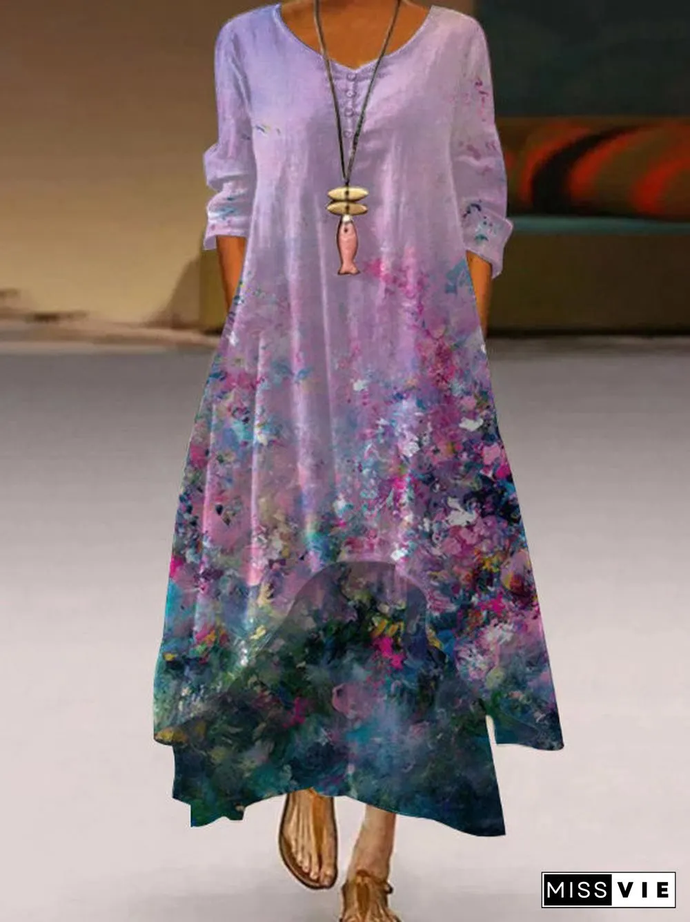 Women Half Sleeve V-neck Floral Printed Maxi Dress