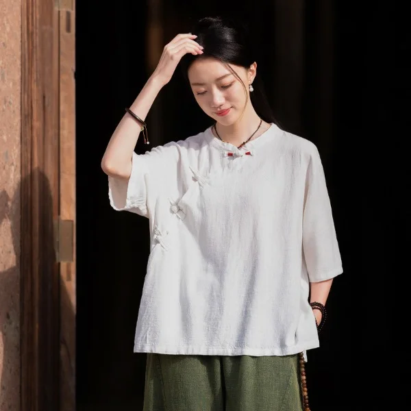 Vintage Stand Collar Short Sleeve Linen Shirt