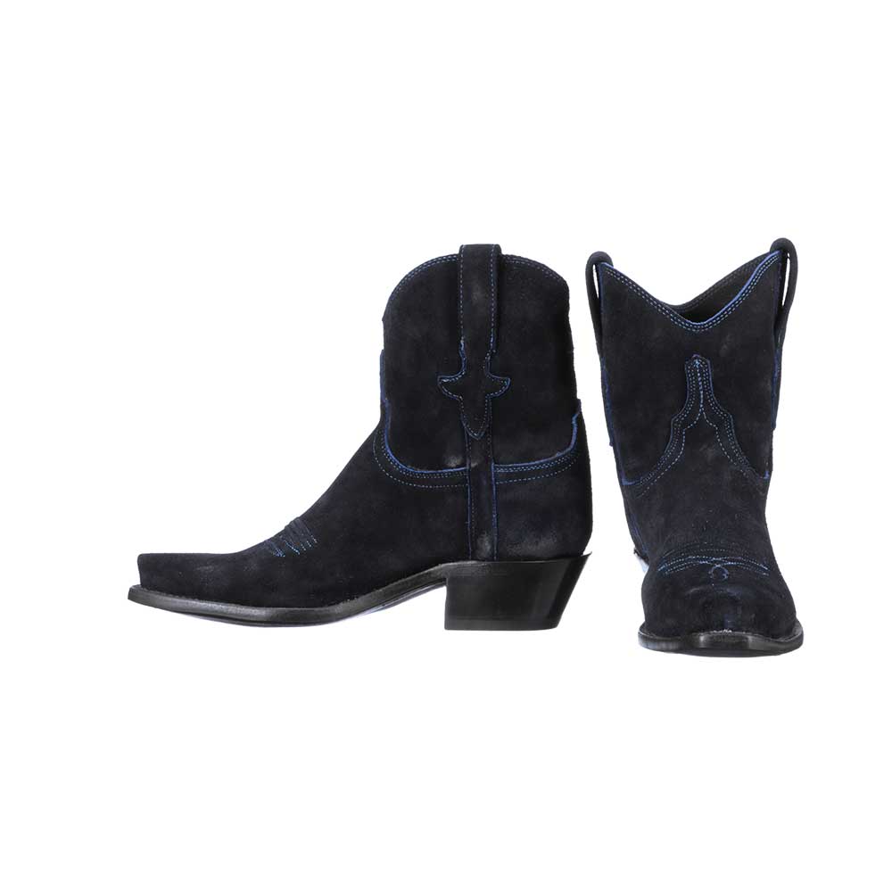 Black Snip Toe Chunky Heel Ankle Length Cowgirl Boots with Side Loop Nicepairs