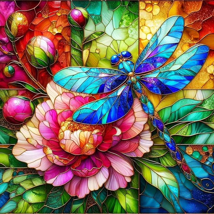 Full Round Diamond Painting - Glass Art - Dragonfly And Peonies 40*40CM