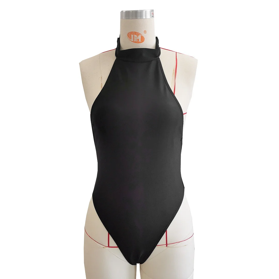 Uveng Pure Black One-Piece Swimsuit Woman 2025 New With Diamond Chain Sexy Bare Back Hanging Neck Strap Swimming Suit