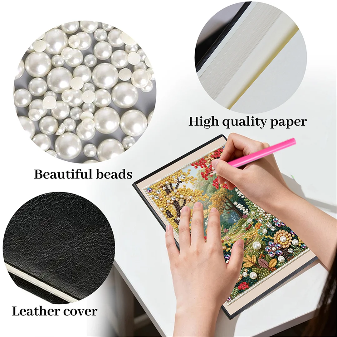 Autumn Forest Partial Pearl DIY 50 Pages A5 Diamond Painting Notebook Special Shaped Diamond Art Diary Book Kits Wireless Strip 5D Crystal Art Paintings Sketchbook for Art Drawing