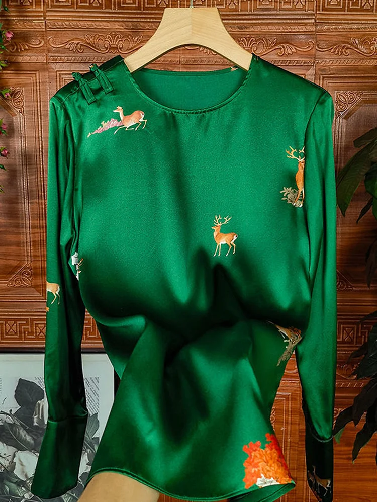 Milu Deer Pattern Faux Silk Shirt