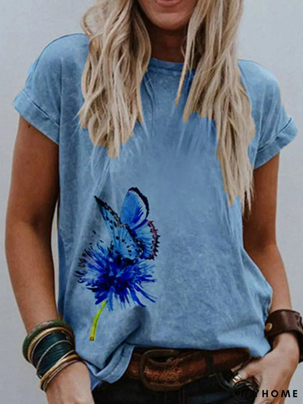 Khaki Printed Short Sleeve Round Neck Shirts & Tops | IFYHOME