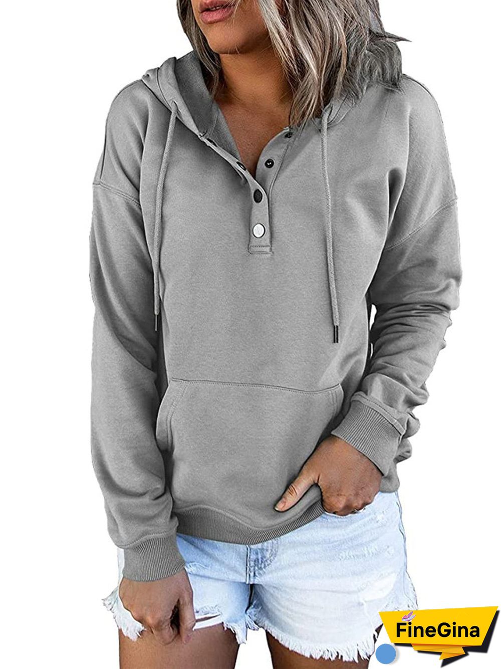 Women's Button Solid Color V-neck Long Sleeve Top