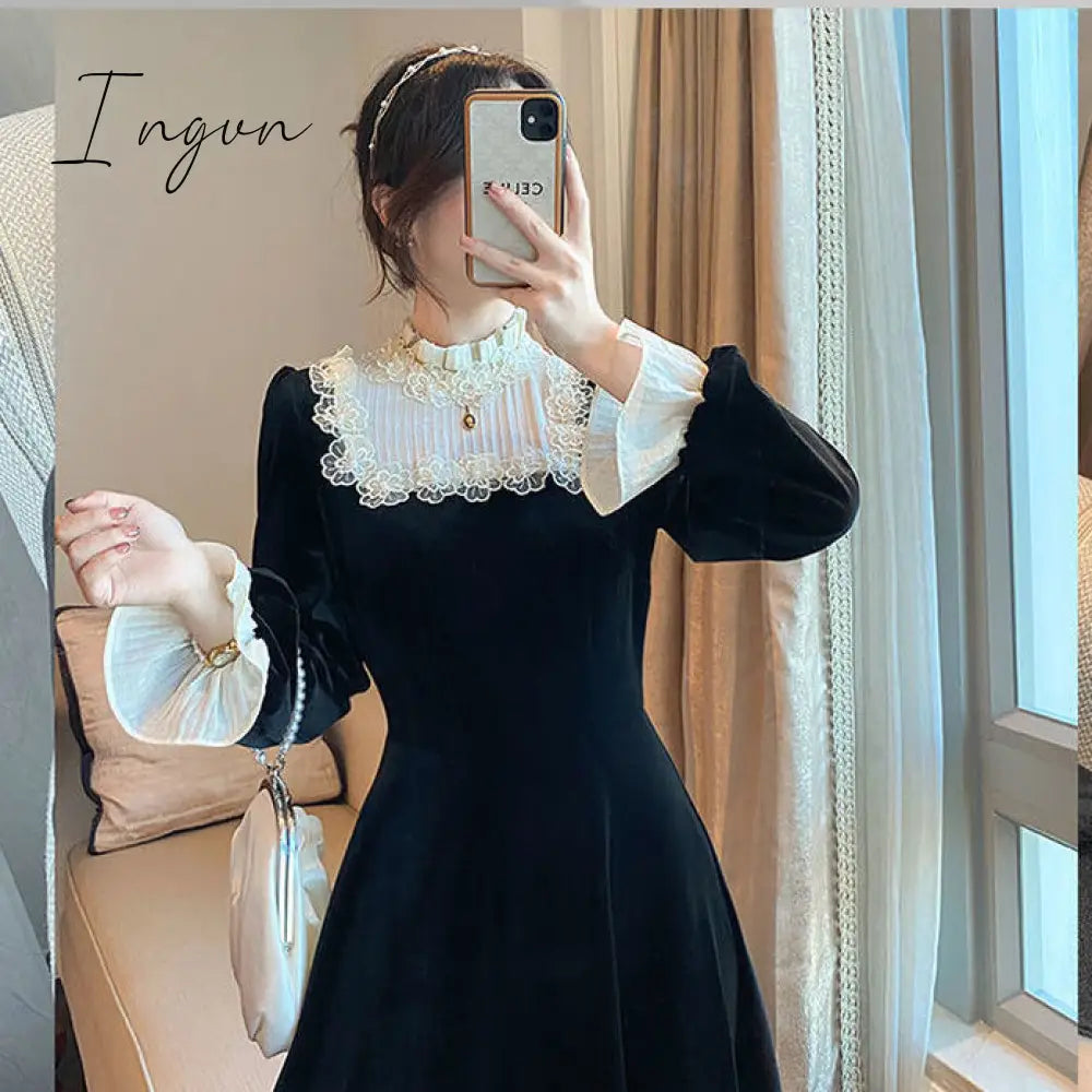 Ingvn - French Retro Black Midi Dress Women Elegant One Piece Korean Spring Slim Lace Evening Party
