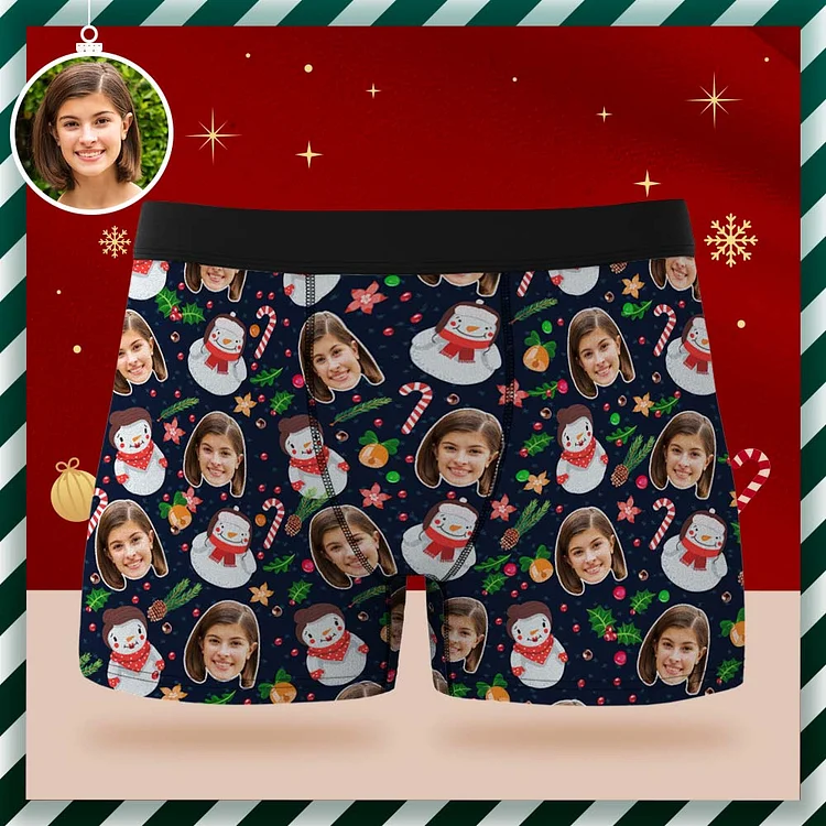 Custom Face Boxer Briefs Personalized Underwear Cute Snowman Christmas Gift for Him