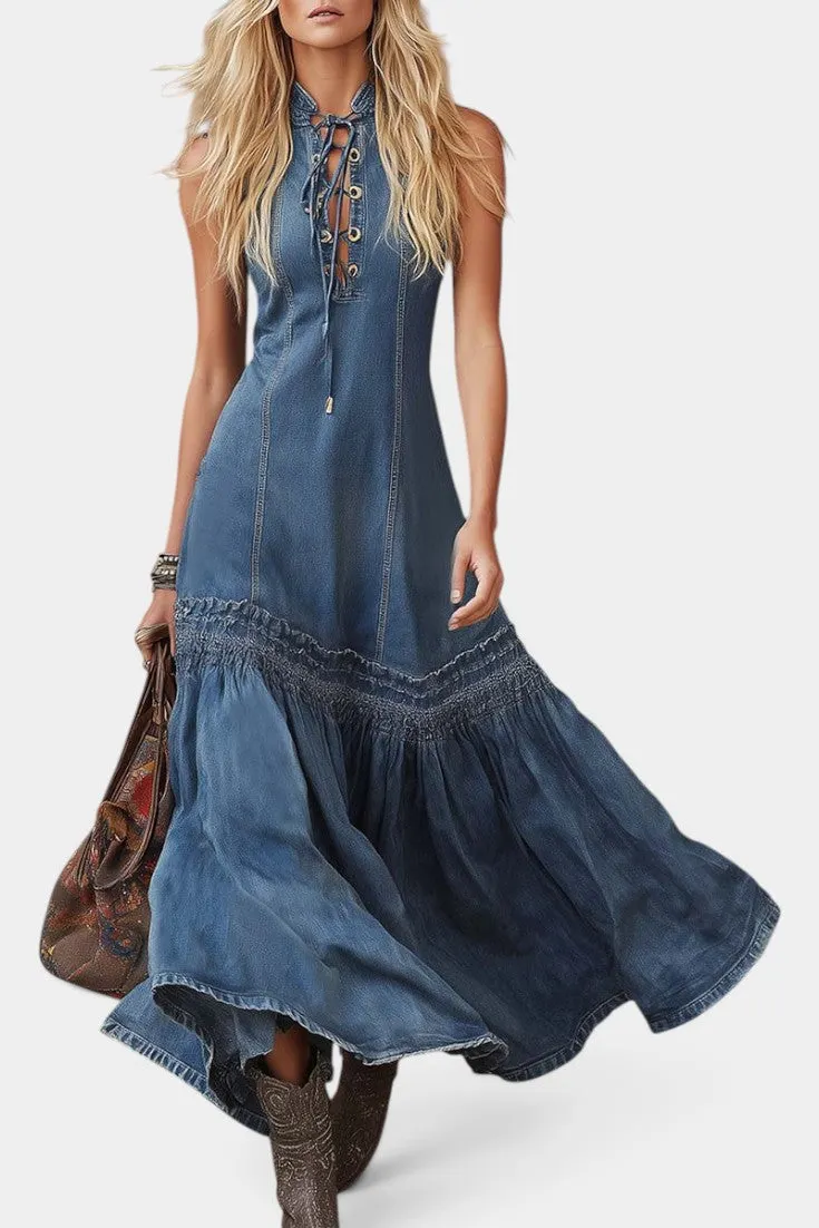 Lace-Up Denim Maxi with Ruffled Hem