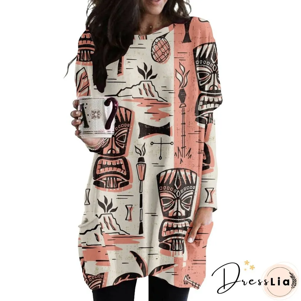 Round Neck Casual Fashion Medium Length Loose Dress 3D Printing