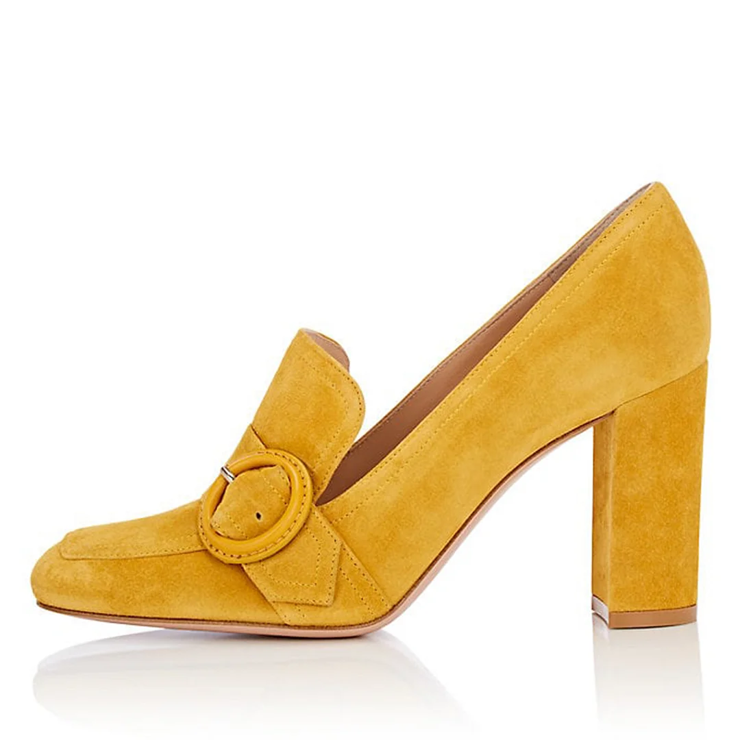 Women's Faux Suede Buckle Inlay Block Heel Loafers in Yellow