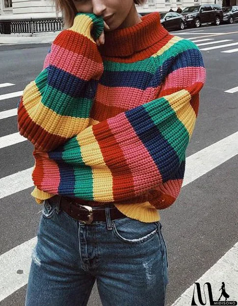 MidiSono - Loose Rainbow Colorful Stripe Sweater