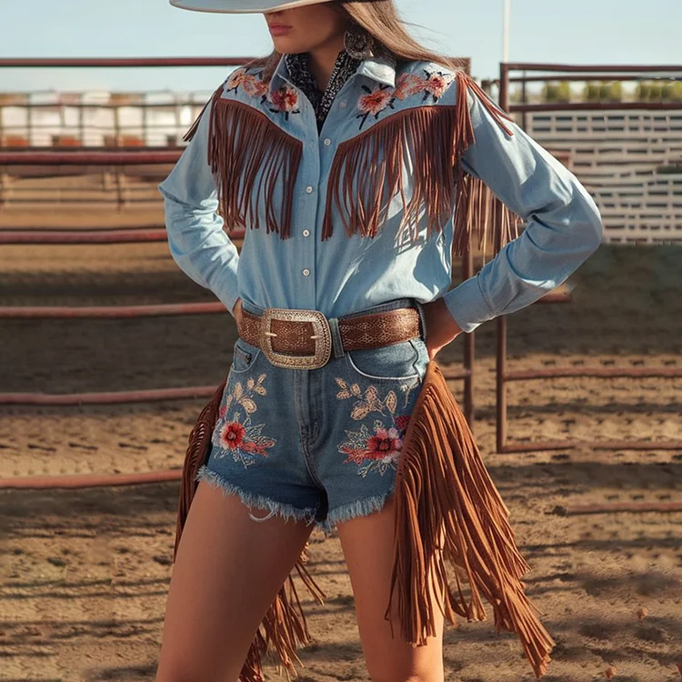 Western Floral Fringe Button Long Sleeve Denim Blouse