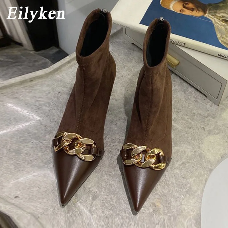 Eilyken Fashion Chain Decoration Women Ankle Boots Low Thin Heels Pointed Toe Pumps Shoes Zip Chelsea Short Bootties Black Brown