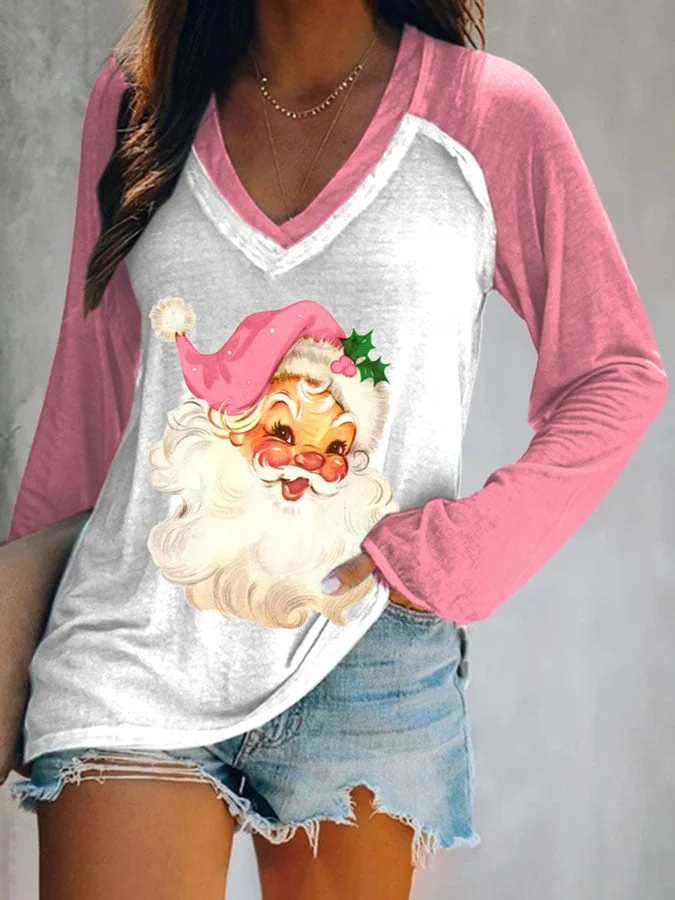 Christmas Retro Pink Santa Print Long Sleeve T-Shirt socialshop